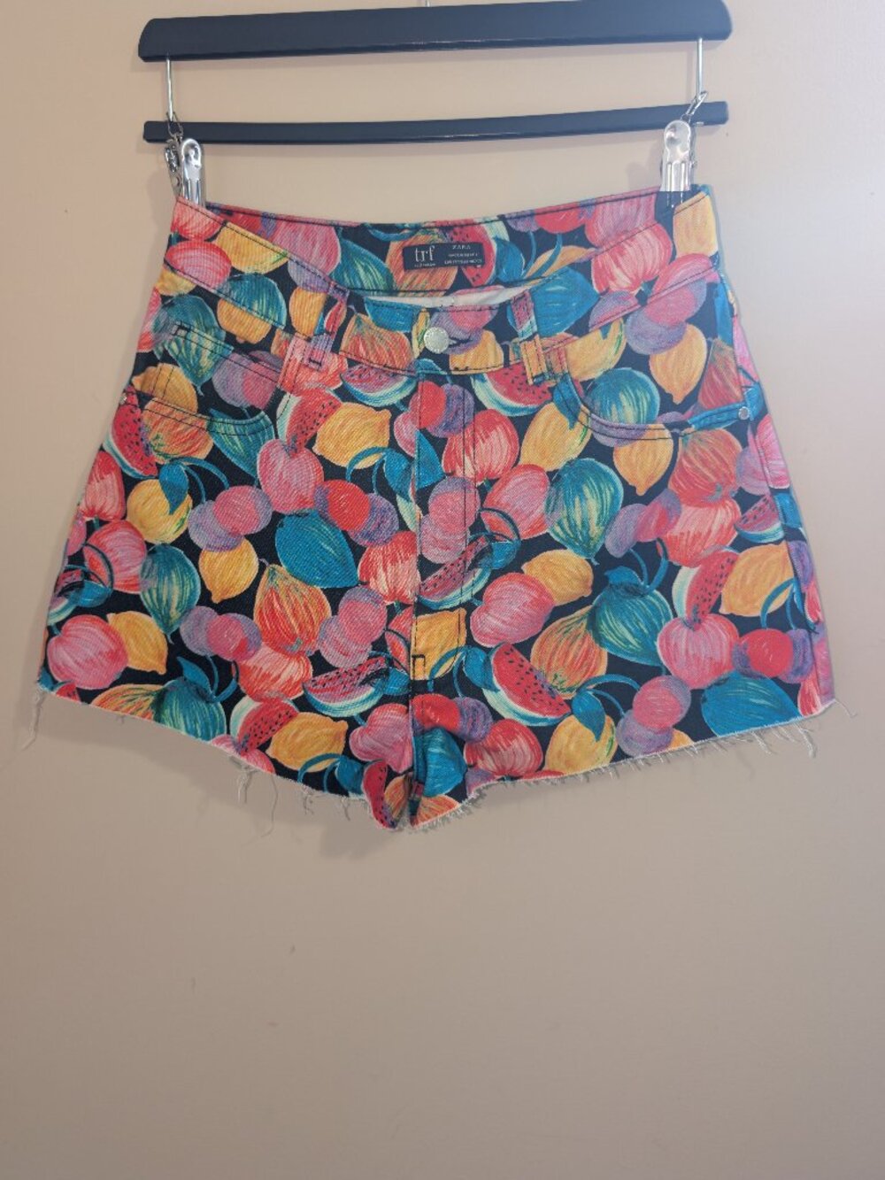 Zara TRF Fruit Print High Waisted Denim Shorts Size 6